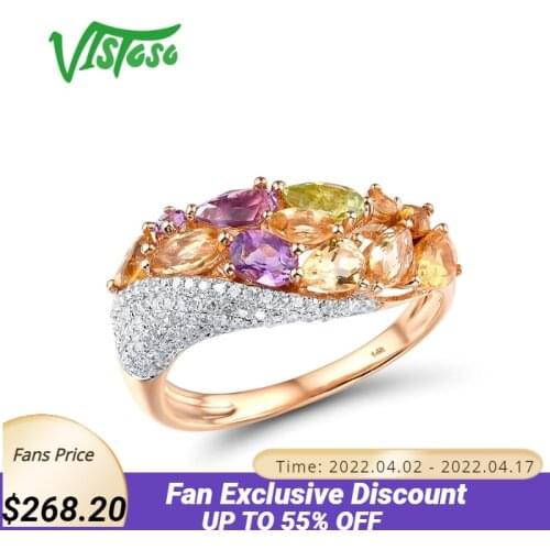 VISTOSO Pure 14K 585 Rose Gold Ring For Women Shining Diamond Citrine Amethyst Peridot Wedding Engagement Elegant Fine Jewelry