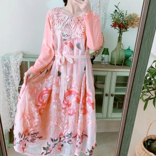 Women Dress Spring Fall Pink Midi Dress Elegant Sweet Luxury Foral Embroidery Lace Collar Long Sleeve Dress vestidos de mujer