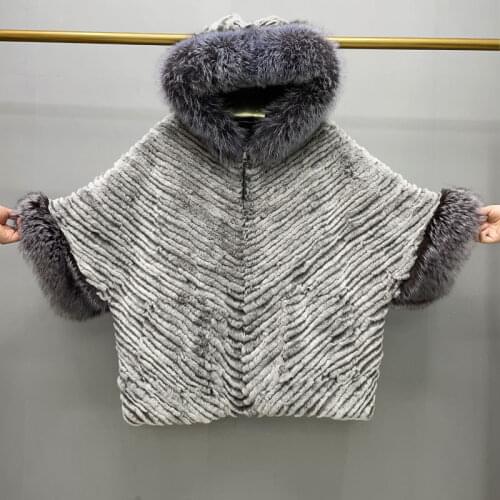 Winter Women Real Rex Rabbit Fur Poncho Big Size Coat Natural Silver Fox Collar Bat Sleeved Loose Warm Fashion Striped Jacket