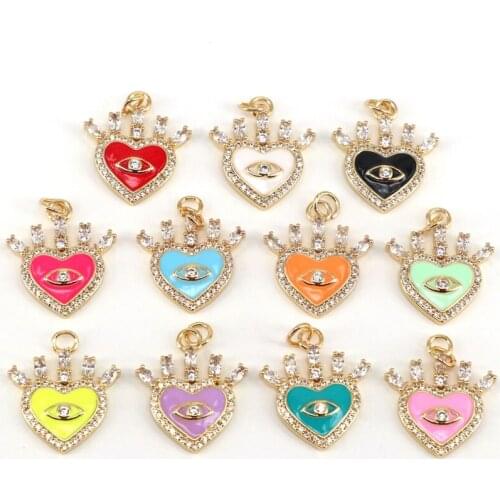 10Pcs Fashion zircon enamel charms heart shape eye colorful pendant with crown for necklaces earrings jewelry DIY