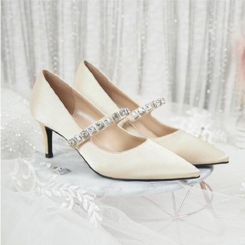 2021 spring new pointed rhinestone banquet dress wedding shoes stiletto womens single shoes adult gift small size shoes