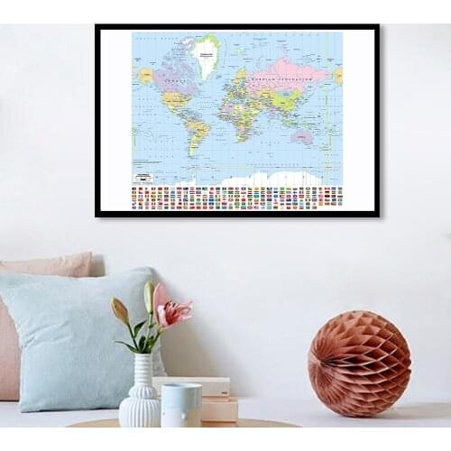 90*60cm The World Political Map with National Flags Spray Canvas Painting Wall Art Poster School Supplies Classroom Home Decor