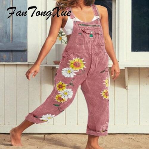 Pink Overalls Jeans for Women 2021 New Floral Print Wide Leg Fashion Denim Pants Women Vintage Long Suspenders Jeans for Womens