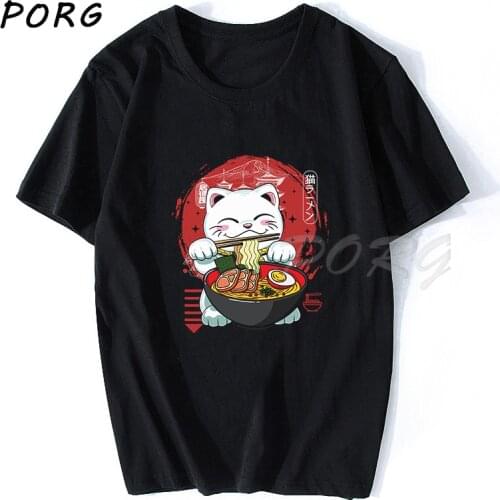 Neko Ramen Anime Manga Ramen Noodle Cat T Shirt Mens High Quality Aesthetic Cotton Japanese T-shirt Harajuku Streetwear Tshirt