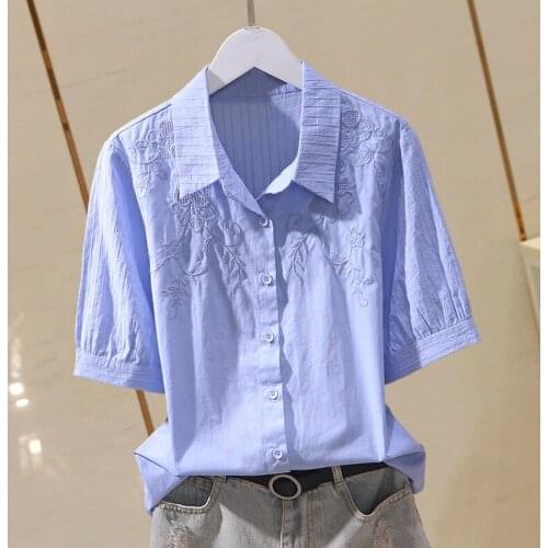 Cotton 100% Women Shirts Summer New Solid Embroidery Loose Turn-Down Collar Patchwork Straight Casual Female Outwear Tops