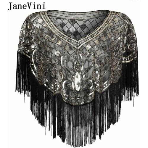 JaneVini Fashion Black Gold Shiny Sequined Wedding Shawls Bolero Beaded Bridal Short Wraps Long Tassel Women Wedding Accessories