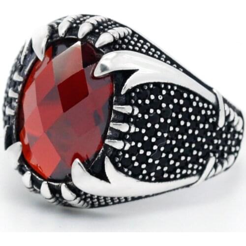 Real 925 Sterling Silver CZ Ring for Men Women Islamic Double Swords Power Claw Ring with Red Stone Vintage Religious Jewelry