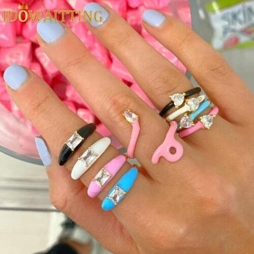 Iced Out 5A Baguette Clear Cubic Zirconia CZ Paved 2021 Summer Fashion Neon Enamel Colorful Stacking Band Women Finger Rings