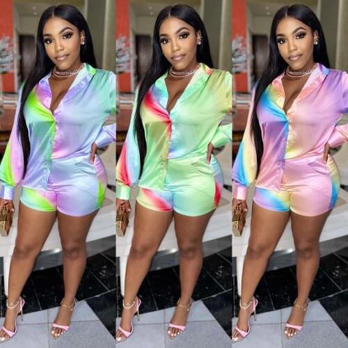 Echoine Long Sleeve Lantern Sleeve Shirt Blouse Shorts Set Two Piece Set Tie Dye Print Outfits Party Clubwear Sexy Casual Suit