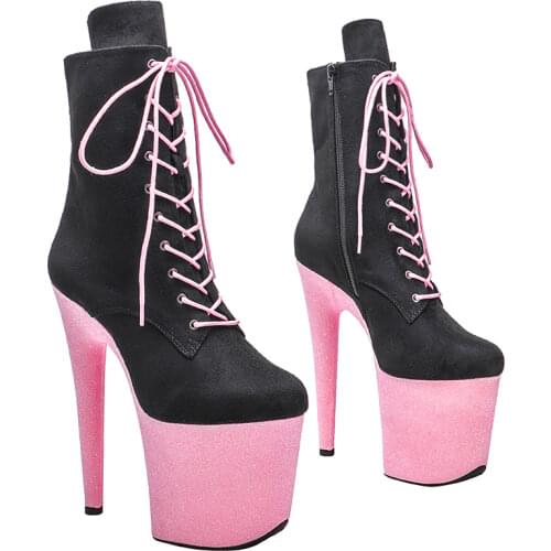 Leecabe 20CM/8inch Pink Glitter Platform with Black suede upper High Heel Pole dance shoes
