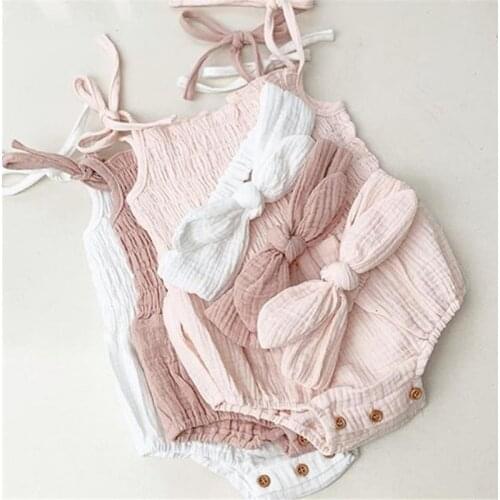 Baby Girls Summer Clothes Cotton Linen Sleeve Baby Romper Headband Jumpsuit For Newborn Linen Playsuit Photo Props Infant Outfit