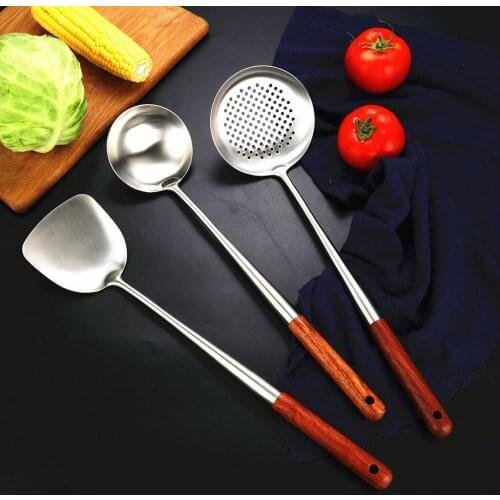 Stainless Steel Kitchen Wok Spatula Ladle Skimmer Tool Set Practical Wooden Handle Easy Clean for Cooking Enthusiasts