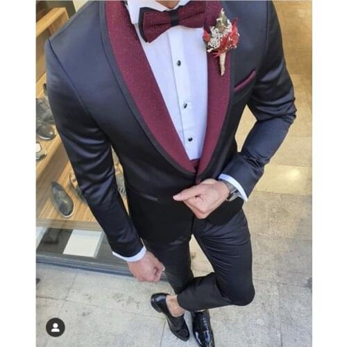 2020 Shiny Black Slim Fit Men Suits Wedding New Arrival Mens Suits Men Suits One Button Wedding Groom Tuxedos 2 Pcs Jacket Pant