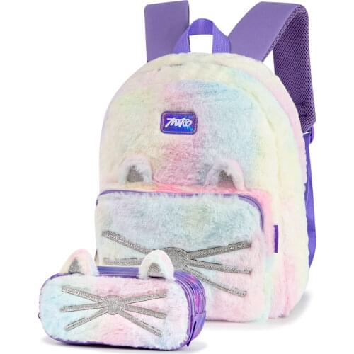 Furry Kitty Backpack Set for Girls 1-6 with Pencil Case Cute Cat Kids Schoolbag Preschool Children Bookbag
