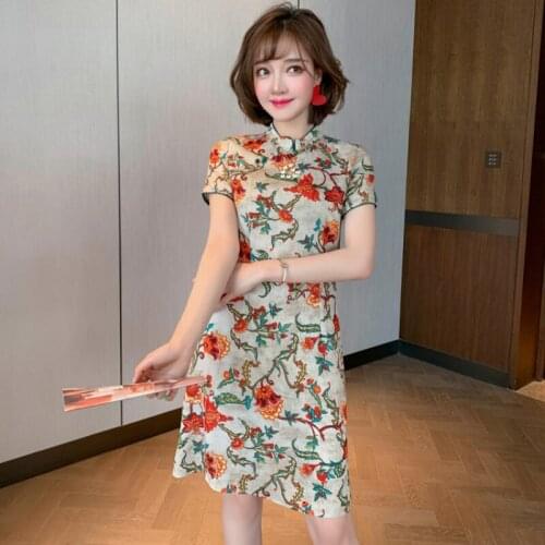 Awarose Improved Cheongsam Female Summer Retro Stand Collar Vintage Print Slim Mini Dress Women Chinese Style Modern Daily Qipao