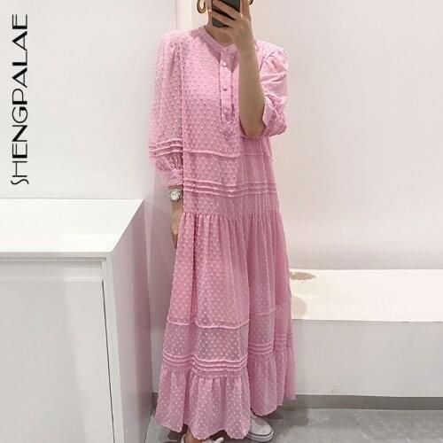 SHENGPALAE 2021 New Summer Women Vintage Loose High Waist Slim Was Thin Elegant Single-breasted Ruffles Maxi Dress Female ZA4943