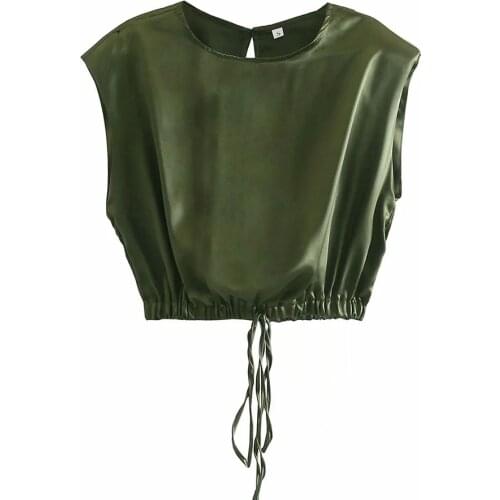 2021 Summer Women Solid Green Satin Streetwear Bandage loose O Neck T shirt Female short Tops Ladies sleeveless Fashion Top
