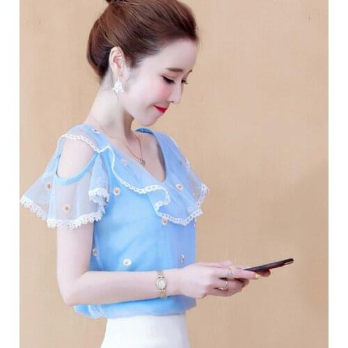 Womens Spring Summer Style Chiffon Blouses Shirt Womens Elegant Ruffles Half Sleeve O-neck Korean Casual Lace Tops DD8651