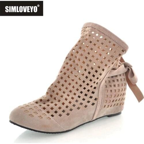 SIMLOVEYO Women summer boots Cut out Ankle boots Cute Flock Hidden heel Wedges Lace up Ladies Casual Shoes Big Size 40 41 42 43