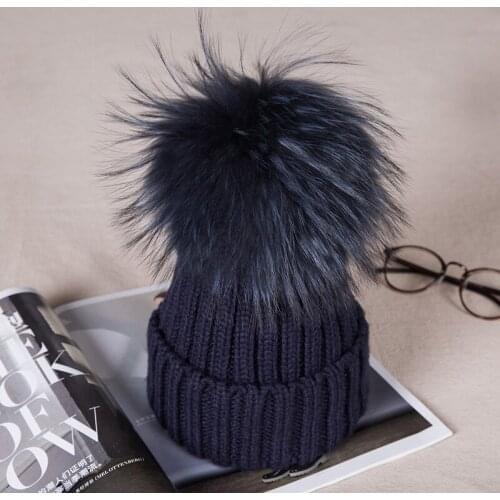 Womens Color Thicker Hats Natural Raccoon Fur Ball Hat Pompom Woollen Cap Lady Warm Cap Headgear Knitted Skullies For Gift