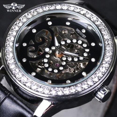 2018 New Winner Watch Women Skeleton Mechanical Hand wind Wrist Watches for women Rhinestone Mechanical Watches Girls Gift