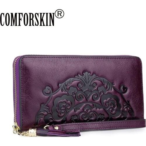 COMFORSKIN New Arrivals Long Vintage Tassel Wallet Luxury 100% Genuine Leather Large Capacity Women Zipper Purses With Hand Rope