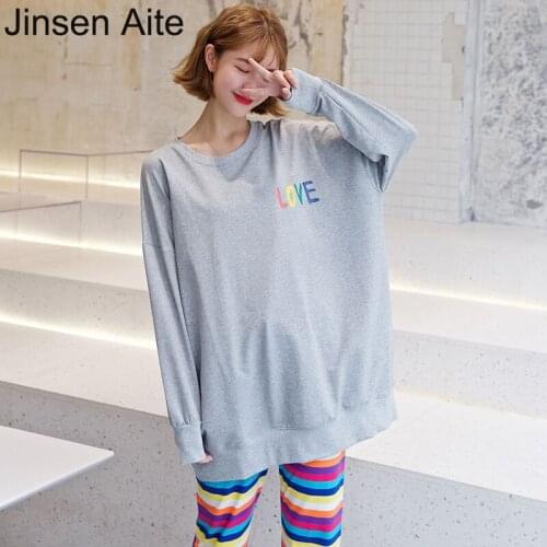 Jinsen Aite Sun Flower Long Sleeve Female Pajama Set Loose Casual Striped 2 Piece Autumn Winter Cute Cotton Women Homewear JS839