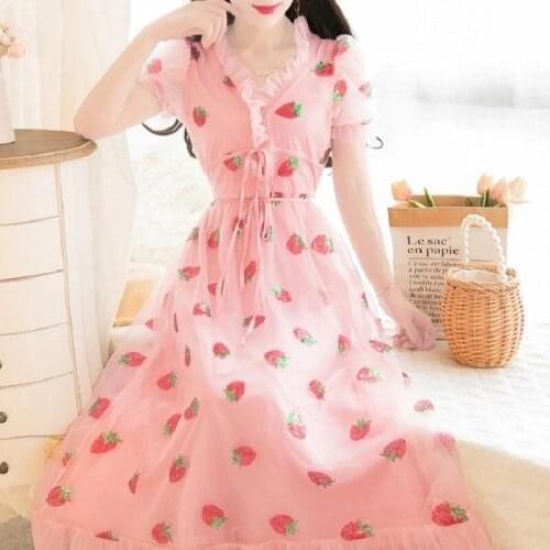 Sexy V-Neck Belt Strawberry Hot stamping Short Sleeve Party Mid-Length Dress Net Yarn Summer New WomenS Clothing Beach Dress