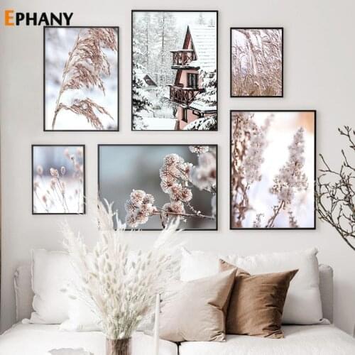 Winter Snow House Landscape Wall Art Plants Reed Canvas Painting Nordic for Living Room Print Poster Pictures Decoration