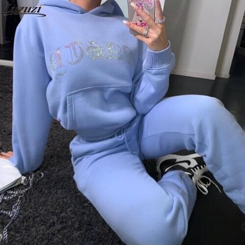 Luzuzi Winter Sweater Two Piece Set Crop Jacket And Tracksuit Joggers 2 Piece Set Diamond Rhinestones Jogging Suits For Women