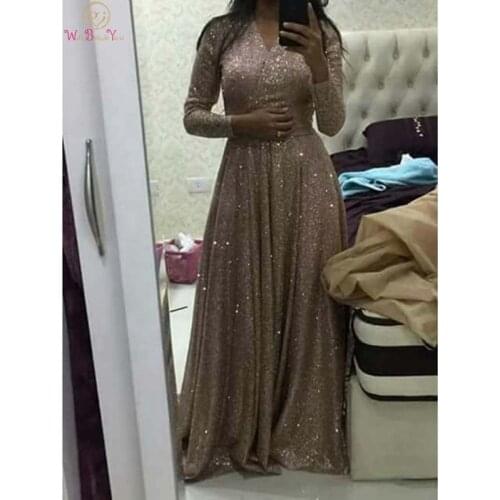 Gold arabic Muslim A-Line Evening Party Dresses V Neck Formal Sequined Long Sleeves Prom Gowns vestido de festa 2020 Plus Size