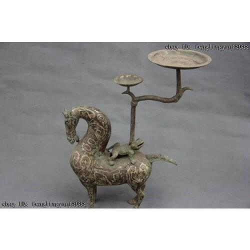 19 Folk Collect old Bronze silver-gilt Feng Shui Lucky Horse Candlestick holder