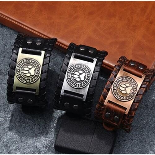 2020 Wild Vintage Mens Leather Punk Bracelet Adjustable Size Viking Jewelry Bear Paw Nordic Runes Bracelet for Men Bangleas