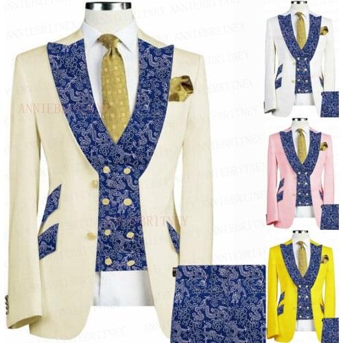 2021 New Ivory Yellow Suit Men 3 Piece Set Custom Slim Fit Blue Floral Printed Groom Wedding Party Suit Jacket Vest Pants Tuxedo