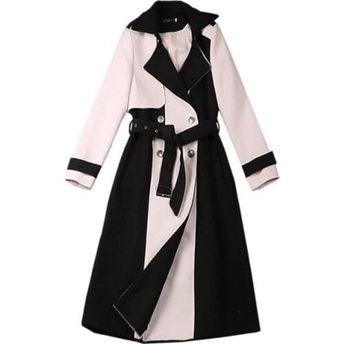 2020 fashion Spring Autumn Long Trench Coats Women Patchwork Mid-Calf Woolen Wind Coat Sashes Slim Office Work Casual Tops m82