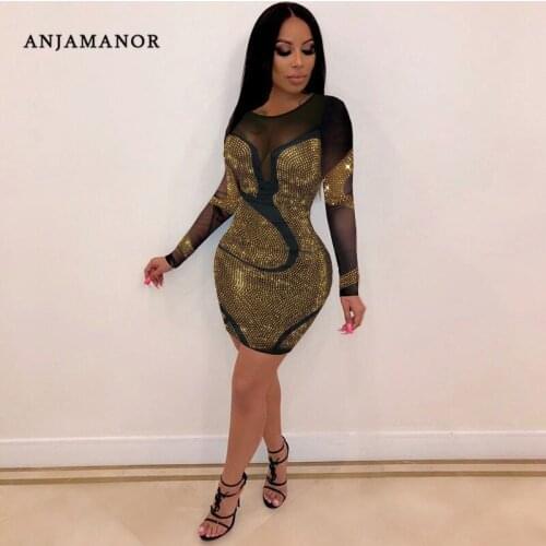 ANJAMANOR Glitter Rhinestones Mesh Sexy Dresses for Women Party Club Outfits Long Sleeve Bodycon Mini Dress Plus Size D35-EH24