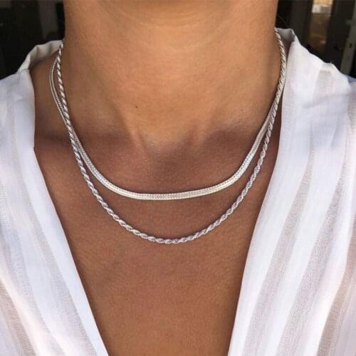 2 Pcs/Set Simple Women Necklaces Silver Color Braided Snake Chain Party Clavicle Chain Ladies Sexy Beach Party Wedding Jewelry