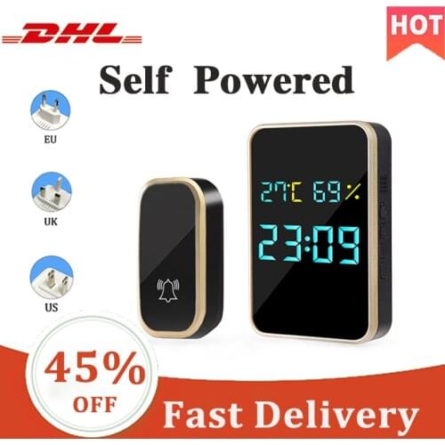 Digital Smart Wireless Doorbell Chime Ring Home Intelligent Temperature Humidity Time View Self-Powered Door Dell