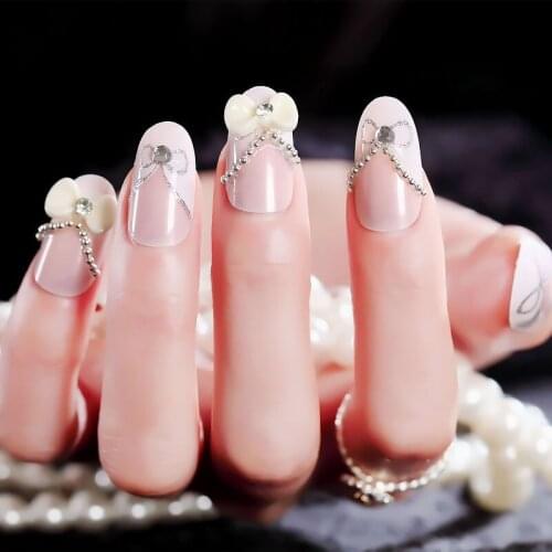 24pcs/box back Adhesive Artificial False Nails French Tips Fake Nails Wedding Nail Tips Bowknot Rhinestone Full False Nail TY