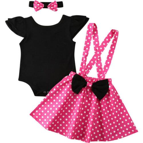 3PCS Newborn kids Baby Girl Clothes Sets Ruffles Sleeve Tops Romper Polka Dot Bib Strap Dress Clothes Outfit Summer