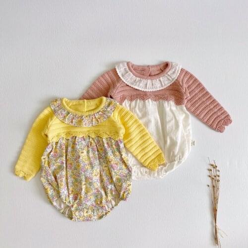Floral Baby Girls Lace Romper Cotton Long Sleeve Infant Jumpsuit Warm Long Sleeve Knit Bodysuit for Children One-Piece Clothing