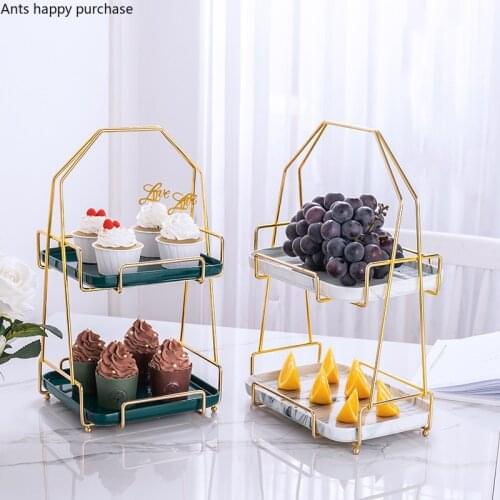 European Style Double Layer Square Cake Stand Rectangular Plate Dessert Table Metal Marbling Ceramics Display Stand Decorations