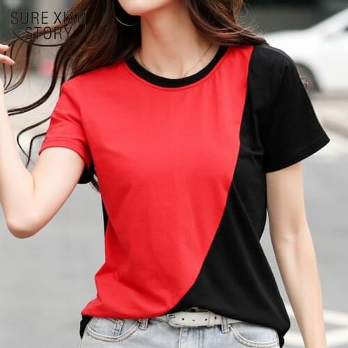 Summer New Cotton Tops and Tees Panelled Shot Sleeve T-shirt Women 2021 Loose Ladies Tshirt O-neck Camisetas 8837 50
