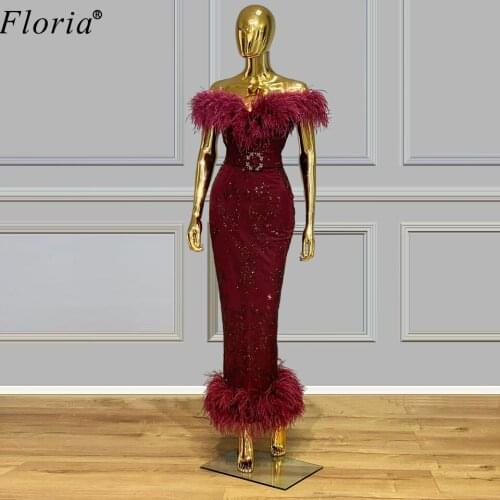 New Arrival Burgundy Cocktail Dresses 2020 Feathers Mermaid Prom Dresses Women Party Night Ankle-Length Turkish Couture Vestidos