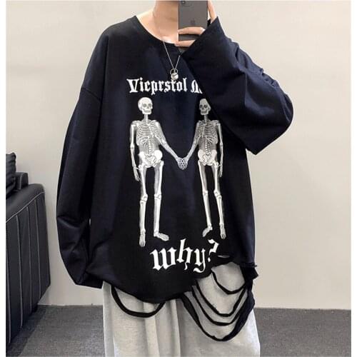 Skull print design long-sleeved T-shirt loose INS fried street cracked edge popular long-sleeved t-shirt men