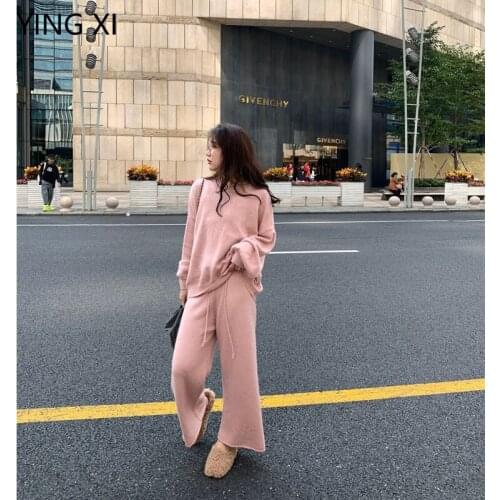 Autumn Winter Suit Womens Loose Pullover Sweater Top High Waist Wide Leg Pants Casual Two Piece Set