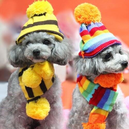 Light Color New Years Dog Suit Striped Rainbow Cat Clothes Knitted Wool Winter Jacket Scarf Accessories Dog Christmas Clothes