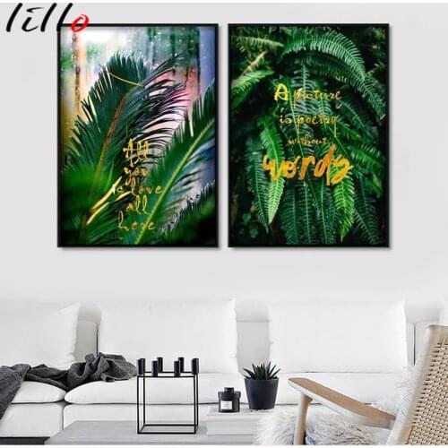 Fresh green palm leaf plant quotes gold wall art canvas painting nordic posters and prints pictures wall for living room decor