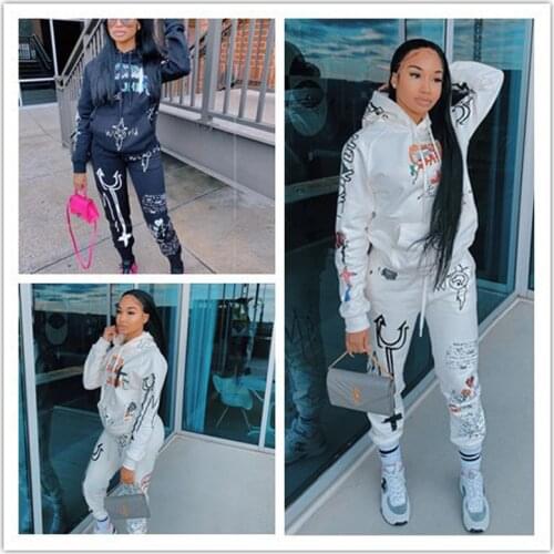 Graffiti Streetwear winter warm Two Piece Set Women Tracksuit Female Hoodies and Pants Women Matching Sets Outfits Sweatsuit