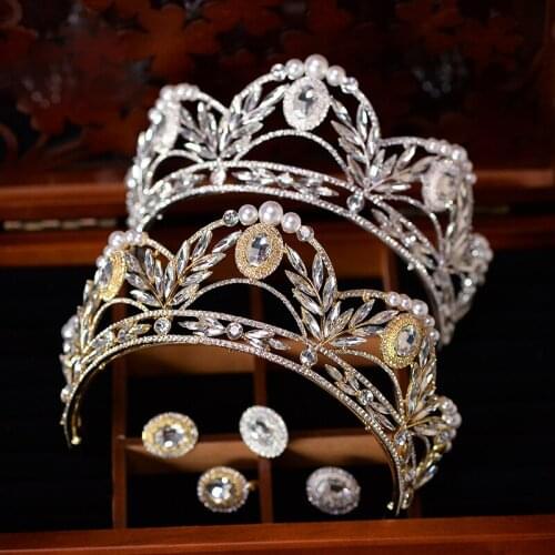 Vintage Pearls&Crystal Bridal Tiara Crowns with Earring European Bride Headpieces Set Wedding Hair Accessories